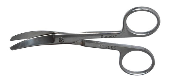 999R 11-090S Curved Enucleation Scissors, Blunt Tips, 38 mm Blades from Midscrew to Tip, Ring Handle, Length 128 mm, Stainless Steel