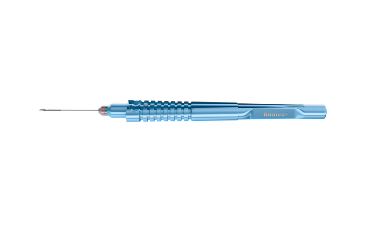 999R 12-209-23H Curved Subretinal Scissors, Attached to a Squeeze Handle, with RUMEX Flushing System, 23 Ga