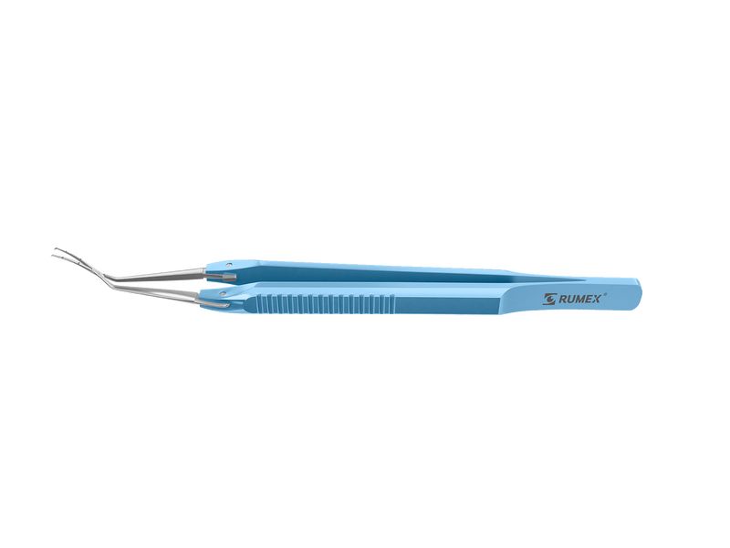 999R 4-03952/MF Capsulorhexis Forceps with Scale (2.50/5.00 mm), Cross-Action, for 1.50 mm Incisions, Curved Stainless Steel Jaws (8.50 mm), Long Lever (26.00 mm), Medium (91 mm) Flat Titanium Handle, Length 120 mm